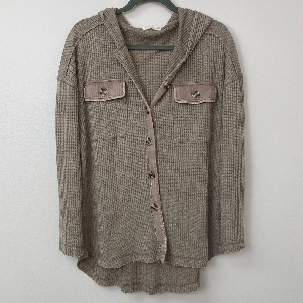 New In, Waffle Knit Button Down Hooded Shirt Top Hoodie Taupe Size Small - Picture 2 of 6